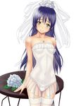  bare_shoulders blue_hair bridal_veil covered_navel cowboy_shot dress garter_straps leotard long_hair love_live! love_live!_school_idol_project muffin_(sirumeria) solo sonoda_umi strapless strapless_dress thighhighs veil yellow_eyes 