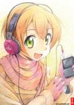  :d artist_name coupy_pencil_(medium) digital_media_player gloves gofu green_eyes headphones hoshizora_rin looking_at_viewer love_live! love_live!_school_idol_project open_mouth orange_hair scarf short_hair signature smile solo traditional_media upper_body watermark web_address 