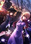  bag blonde_hair brown_eyes brown_hair building chain-link_fence cityscape cloud coat dress earmuffs fence hat hat_ribbon highres janne_cherry long_sleeves looking_at_viewer maribel_hearn multiple_girls no_hat no_headwear open_mouth purple_dress ribbon scarf shirt short_hair skirt sky smile snowflakes touhou usami_renko vest yellow_eyes 