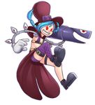  blue_hair boots braid extra_eyes eye_socket fishnet_legwear fishnets flat_chest fusion gloves greenmarine hat highres jinx_(league_of_legends) league_of_legends long_hair mechanical_arms peacock_(skullgirls) purple_legwear red_eyes rocket_launcher sarah_anne_williams seiyuu_connection sharp_teeth short_shorts shorts showgirl_skirt single_thighhigh skullgirls solo teeth thighhighs top_hat twin_braids weapon white_gloves 