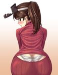 ass_cutout blush brown_hair easy_(aqk7bdqt) from_behind highres kantai_collection long_hair meme_attire open-chest_sweater panties ribbed_sweater ryuujou_(kantai_collection) solo sweater turtleneck twintails underwear visor_cap white_panties 