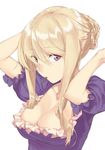  adjusting_hair bangs blonde_hair breasts cleavage dress duoyuanjun hair_bun hair_ornament hairclip jpeg_artifacts large_breasts mouth_hold protected_link purple_eyes sidelocks simple_background solo swept_bangs touhou tying_hair upper_body white_background yakumo_yukari 