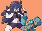  @_@ alternate_breast_size black_hair black_shorts breasts flexing gen_5_pokemon golett hairband hex_maniac_(pokemon) large_breasts lavender_eyes long_hair muscle muscular_female open_mouth pale_skin pokemon pokemon_(creature) pose purple_hairband shenanimation short_shorts shorts smile strapless sweat tubetop very_long_hair wavy_mouth wristband 