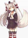  amatsukaze_(kantai_collection) animal_ear_fluff animal_ears blush brown_eyes choker dress fox_ears fox_tail garter_straps gloves grey_background grey_neckwear headgear highres kantai_collection kemonomimi_mode long_hair long_sleeves looking_at_viewer neckerchief red_legwear sailor_collar sailor_dress see-through shugao silver_hair simple_background single_glove smile solo striped striped_legwear tail thighhighs two_side_up white_gloves 