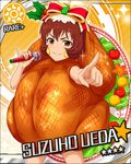  artist_request brown_eyes brown_hair card_(medium) character_name food_themed_clothes hair_ribbon idolmaster idolmaster_cinderella_girls microphone official_art orange_background ribbon short_hair solo sparkle sun_(symbol) ueda_suzuho 