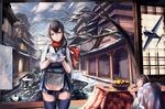  aircraft airplane akagi_(kantai_collection) architecture basket black_hair building cloud column commentary doraxi east_asian_architecture flower food fruit garden highres holding japanese_clothes jar kaga_(kantai_collection) kantai_collection kotatsu lantern map multiple_girls muneate pillar plant pond ponytail poster_(object) rock scarf sheep sky sleeping sliding_doors snow snowman table tatami thighhighs tree water winter 