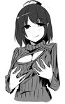  breasts grabbing greyscale hat kamukamu_(ars) large_breasts meme_attire monochrome open-chest_sweater pointy_ears ribbed_sweater self_fondle shameimaru_aya short_hair smile solo sweater tokin_hat touhou turtleneck 