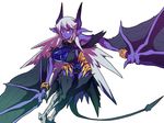  :&lt; bangle bare_shoulders bat_wings bracelet breasts claws demon_girl demon_horns demon_tail dress fur grey_hair harpy highres horns jewelry large_breasts long_hair marupon monster_girl nise_maou_hisozeru perky_breasts pink_hair pointy_ears purple_skin solo tail talons thigh_gap very_long_hair wings yuusha_to_maou 