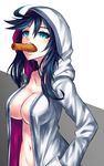  1girl black_hair breasts cleavage coat female food green_eyes hood hoodie large_breasts long_hair looking_at_viewer navel no_bra no_panties open_shirt original samael_(5211) shirt solo standing 