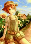  belt blush clouble flower green_eyes hoshizora_rin log looking_at_viewer love_live! love_live!_school_idol_project open_mouth overalls plaid_hat short_hair short_sleeves shorts sitting solo sunflower 