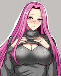  blush breasts cleavage cleavage_cutout fate/stay_night fate_(series) glasses koujun_(mugenzero) large_breasts long_hair meme_attire open-chest_sweater purple_eyes purple_hair ribbed_sweater rider solo sweater turtleneck very_long_hair 