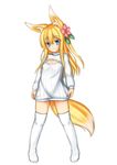  animal_ears blonde_hair blue_eyes flower fox_ears fox_tail hair_flower hair_ornament hanami_shione highres long_hair long_sleeves meme_attire minaha_(playjoe2005) open-chest_sweater original ribbed_sweater simple_background smile solo sweater tail thighhighs white_background 