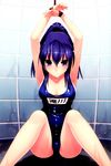  absurdres armpits arms_up bdsm breasts cleavage fisheye hair_between_eyes highres hirano_katsuyuki large_breasts looking_at_viewer love_application one-piece_swimsuit ponytail purple_eyes purple_hair restrained school_swimsuit sidelocks sitting solo swimsuit takigawa_aoi wet 