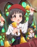  beret black_hair brown_eyes handbell hat idolmaster idolmaster_million_live! multiple_girls nakatani_iku official_art open_mouth short_hair solo_focus suou_momoko sweatdrop 