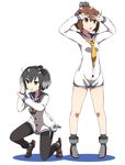  black_eyes black_legwear brown_hair double_v fueru_nattou green_eyes kantai_collection multiple_girls one_knee pantyhose pose sailor_collar short_hair short_hair_with_long_locks standing tokitsukaze_(kantai_collection) v yukikaze_(kantai_collection) 