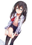  3: black_hair black_legwear blue_eyes blush breasts dressing long_hair looking_at_viewer navel open_clothes open_mouth open_shirt original ray-akila ray_littlechamber revision shirt simple_background skirt small_breasts solo thighhighs v-shaped_eyebrows white_background 