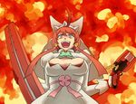  ahoge arc_system_works blue_eyes breasts bridal_veil clover crazy crazy_smile dress earrings elphelt_valentine four-leaf_clover guilty_gear guilty_gear_xrd gun jewelry large_breasts open_mouth red_hair red_ribbon ribbon rokuro short_hair shotgun smile solo veil weapon wedding_dress 