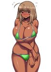  ahoge bikini blue_eyes breasts brown_hair cleavage dark_skin flying_sweatdrops green_bikini huge_breasts komusou_(jinrikisha) long_hair ooba_minori original simple_background solo swimsuit tan thigh_gap white_background 