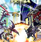  blackwing_armor_master city duel_monster explosion galaxy-eyes_photon_dragon highres junk_warrior no_humans number_32_shark_drake number_39_utopia omega_na_hito parody red_dragon_archfiend thunder yuu-gi-ou 