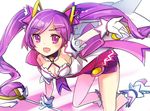  :d aisha_(elsword) all_fours back_bow bad_id bad_pixiv_id bare_legs bow breasts cleavage collar dimension_witch_(elsword) elsword full_body gloves holding holding_wand kuroshio_maki long_hair magical_girl medium_breasts miniskirt open_mouth outstretched_arm outstretched_hand purple_eyes purple_hair purple_skirt shoes skirt smile solo twintails wand white_background white_gloves 