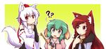  :/ :d ?? animal_ear_fluff animal_ears bamboo_broom bare_shoulders blue_eyes blush bridal_gauntlets brooch broom brown_hair commentary detached_sleeves dog_ears dress finger_to_mouth fingernails green_hair hand_on_own_chin hat head_tilt imaizumi_kagerou inubashiri_momiji jewelry kasodani_kyouko long_hair long_sleeves looking_at_viewer multiple_girls open_mouth red_eyes ribbon-trimmed_sleeves ribbon_trim sharp_fingernails short_hair shoujo_kitou-chuu silver_hair slit_pupils smile tail thinking tokin_hat touhou white_hair wide_sleeves wolf_ears wolf_tail wool_(miwol) 