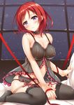  babydoll bad_id bad_pixiv_id bare_arms bare_shoulders black_babydoll black_legwear black_panties blush breasts choker cleavage collarbone covered_nipples garter_belt head_tilt indoors large_breasts lingerie looking_at_viewer love_live! love_live!_school_idol_project nipples nishikino_maki no_bra panties purple_eyes red_hair red_ribbon ribbon see-through short_hair sitting solo sousouman thighhighs underwear wariza 