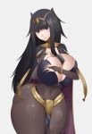  1girl ass black_dress black_hair bluespice breasts bridal_gauntlets cleavage closed_mouth covered_navel curvy dress fingernails fire_emblem fire_emblem:_kakusei highres huge_ass huge_breasts long_hair looking_at_viewer nintendo purple_eyes simple_background skin_tight solo tharja thick_thighs thighs tiara wide_hips 