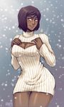  alternate_hair_length alternate_hairstyle avatar_(series) blue_eyes blush breast_squeeze breasts brown_hair cleavage commentary dark_skin dress iahfy korra large_breasts meme_attire open-chest_sweater ribbed_sweater short_hair smile snowing solo sweater sweater_dress the_legend_of_korra thighs turtleneck wide_hips 