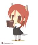  animal_ears artist_name bad_id bad_pixiv_id black_ribbon book brown_eyes chameleon_man_(three) chibi dress flat_color full_body holding holding_book loafers long_hair minna-dietlinde_wilcke no_mouth pantyhose red_hair ribbon shoes simple_background solo standing strike_witches tail white_background white_legwear wolf_ears wolf_tail world_witches_series 