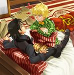  2boys bed blonde_hair character_request child copyright_request darts imoda indoors male male_focus multiple_boys sitting 