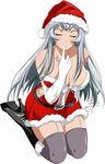  belt boots bra breasts chouun_shiryuu cleavage closed_eyes collarbone dress elbow_gloves finger_to_mouth gloves grey_legwear hat highres ikkitousen index_finger_raised jpeg_artifacts kneeling large_breasts long_hair navel red_dress red_hat santa_hat silver_hair simple_background solo strapless strapless_bra thighhighs underwear white_background white_gloves 