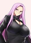  breasts fate/stay_night fate_(series) glasses huge_breasts koujun_(mugenzero) long_hair meme_attire open-chest_sweater purple_eyes purple_hair rider solo sweater 
