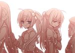  blue_eyes brown_eyes futaki_kanata kurugaya_yuiko little_busters! monochrome multiple_girls nakamura_hinato noumi_kudryavka saigusa_haruka school_uniform side_ponytail spot_color 