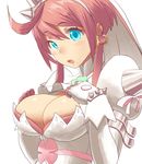  1girl ahoge arc_system_works blue_eyes blush breasts bridal_veil cleavage clover dress earrings elphelt_valentine four-leaf_clover gloves guilty_gear guilty_gear_xrd huge_breasts jewelry open_mouth red_hair red_ribbon ribbon rokuro shiny shiny_skin short_hair solo spikes veil wedding_dress 