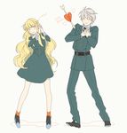  1girl aldnoah.zero arrow_through_heart asseylum_vers_allusia bad_id bad_pixiv_id blonde_hair blue_eyes blush closed_eyes dress finger_gun heart long_hair one_eye_closed roku_(tsua-kihuyu) short_hair silver_hair slaine_troyard very_long_hair 