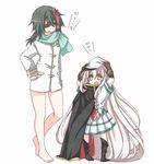  absurdly_long_hair bare_legs barefoot cape cosplay costume_switch eyepatch full_body gloves green_hair hat kantai_collection kiso_(kantai_collection) little_girl_admiral_(kantai_collection) long_hair moontoxin multiple_girls remodel_(kantai_collection) school_uniform serafuku short_hair simple_background standing translated very_long_hair white_background 