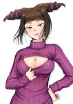  bad_id bad_pixiv_id breasts brown_hair cleavage cleavage_cutout drill_hair han_juri hand_on_hip large_breasts looking_at_viewer meme_attire open-chest_sweater purple_eyes ribbed_sweater short_hair simple_background smile solo street_fighter street_fighter_iv_(series) sweater turtleneck twin_drills umigraphics upper_body white_background 