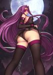  ass bare_shoulders black_dress black_legwear black_panties blindfold breasts chain chromatic_aberration dagger dress elbow_gloves evan_yang facial_mark fate/stay_night fate_(series) fingerless_gloves forehead_mark from_behind from_below full_moon gloves highres long_hair looking_back medium_breasts moon night night_sky outdoors panties parted_lips purple_hair rider sidelocks sky solo standing strapless strapless_dress thighhighs underwear upskirt very_long_hair weapon 