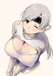  breast_squeeze breasts brown_eyes chitose_(kantai_collection) cleavage_cutout grey_hair headband highres huge_breasts kantai_collection kurokura_eri long_hair meme_attire one_eye_closed open-chest_sweater ponytail simple_background smile solo sweater turtleneck white_background 