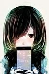  bad_id bad_pixiv_id black_hair brown_eyes cellphone covered_mouth hair_over_one_eye highres looking_at_viewer original phone scarf shuji6969 simple_background smartphone solo 