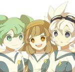  2boys brown_eyes brown_hair earth_eleven fei_rune goggles goggles_on_head green_eyes green_hair inazuma_eleven_(series) inazuma_eleven_go inazuma_eleven_go_chrono_stone inazuma_eleven_go_galaxy lightning_bolt long_hair looking_at_viewer mikoto_(cotot) multiple_boys nanobana_kinako open_mouth saryuu_evan simple_background soccer_uniform sportswear upper_body white_background white_hair 