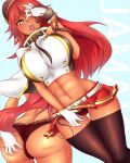  1girl anchor artist_request ass ass_grab azur_lane blush breasts butt_crack dark_skin deep_skin from_behind gloves hat highres huge_ass jamaica_(azur_lane) large_breasts long_hair looking_at_viewer miniskirt open_mouth orange_eyes panties pussy_juice red_hair shiny shiny_hair shiny_skin skirt solo thighhighs underwear very_long_hair 