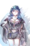  1girl armor blue_eyes blue_hair breasts byleth cape fire_emblem fire_emblem:_fuukasetsugetsu highres liefe long_hair looking_at_viewer medium_breasts navel nintendo one_eye_closed simple_background smile solo standing uniform white_background 