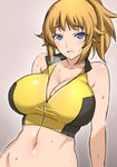  bare_shoulders blue_eyes blush breasts brown_hair cleavage collarbone gundam gundam_build_fighters gundam_build_fighters_try hoshino_fumina large_breasts lintanghaseo looking_at_viewer navel solo sports_bikini sweat upper_body 