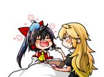  ascot blanket blonde_hair blush bow commentary detached_sleeves dress feeding frown hair_bow hair_tubes hakurei_reimu ice_pack kirisame_marisa large_bow long_hair messy_hair multiple_girls open_mouth ponytail porridge senmitu3/1000 sick sweatdrop touhou 