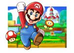  :d arm_up ayakabu blue_eyes blurry brown_hair clenched_hands depth_of_field facial_hair fire_flower flower gloves hat highres male_focus mario mario_(series) mushroom mustache open_mouth overalls raised_fist smile solo super_mario_bros. super_mushroom super_smash_bros. white_gloves 