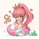  armlet bangle bracelet breasts chibi earrings fang full_body green_eyes hand_on_hip heart highres jewelry jin-gai_yo lamia long_hair medium_breasts monster_girl navel open_mouth original pointy_ears ponytail red_hair scales solo underboob very_long_hair 