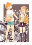  1girl bicycle blonde_hair ground_vehicle haikyuu!! hair_ornament highres hinata_shouyou long_hair looking_back namiri orange_eyes orange_hair school_uniform short_hair side_ponytail v yachi_hitoka 