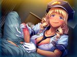  bed blonde_hair blue_eyes blush bra breasts bubuzuke cell censored cleavage dark_skin drill_hair gal_kanshu_rina-chan_no_m_otoko-ka_seikyouiku_shidou game_cg gloves handjob hat highres large_breasts licking_lips long_hair looking_down lying mole multicolored_eyes necktie penis police police_uniform policewoman precum smile tongue tongue_out underwear uniform 