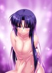  breast_hold breast_squeeze breasts cleavage come_hither covering covering_breasts jpeg_artifacts kurugaya_yuiko large_breasts little_busters! long_hair naughty_face navel nude purple_eyes purple_hair smile solo very_long_hair zen 